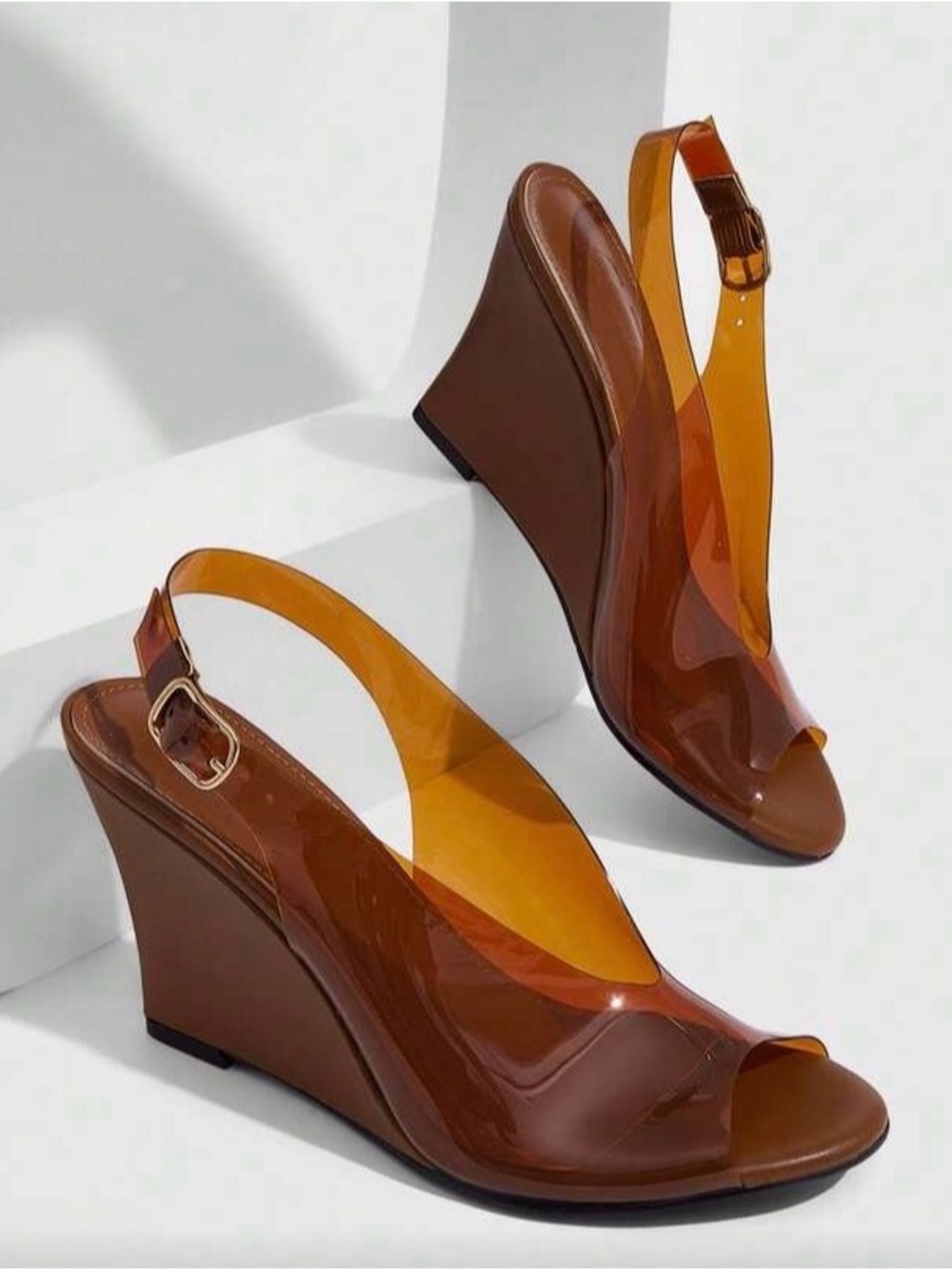 SHEIN Brown Wedge Sandals with Amber Transparent Slingback